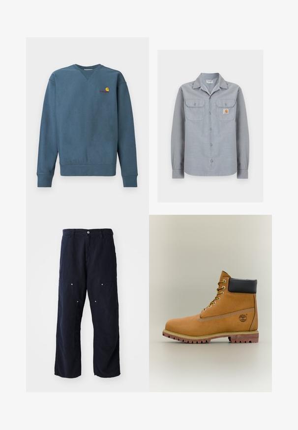 Sweatshirt en coton bleu avec poignets et ourlet côtelés, arborant un petit logo Carhartt orange brodé sur la poitrine. Design simple, col rond.; Chemise à manches longues gris clair avec deux poches poitrine, dont une avec un petit patch logo Carhartt sur le côté droit.; Pantalons larges bleu marine en coton avec une finition texturée. Comprend deux poches avant avec des accents de bouton et une fermeture à bouton à l'avant.; Bottine en cuir marron avec col noir, lacets jaunes et semelle beige. Présente un logo et des détails de couture blanche. Semelle extérieure à traction robuste.
