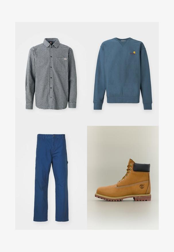 Modrá bavlnená mikina s rebrovanými manžetami a spodným lemom, s malým oranžovým logom Carhartt vyšívaným na hrudi. Jednoduchý dizajn, okrúhly výstrih.; Košeľa s dlhým rukávom, čiernobiela kockovaná, s golierom a malou logom nášivkou na ľavom vrecku na hrudi.; Modré bavlnené nohavice z twillu s rovnými nohavicami, vybavené gombíkovým zapínaním a bočnými vreckami. Hladká textúra, žiadne viditeľné vzory alebo akcenty.; Hnedá kožená členková členková obuv s čiernym golierom, žltými šnúrkami a béžovou podrážkou. Má logo a biele prešívanie. Hrubá podrážka s dobrým záberom.