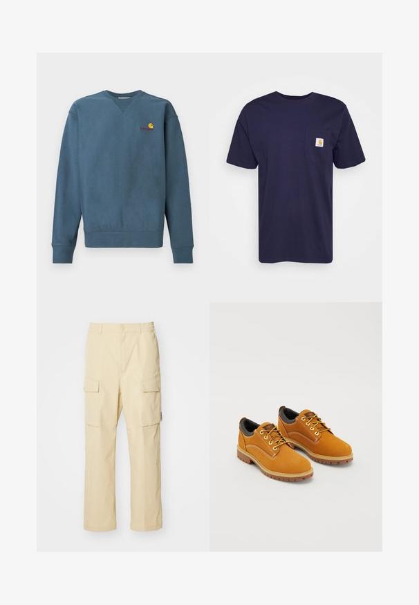 Sudadera azul de algodón con puños y dobladillo acanalados, con un pequeño logo naranja de Carhartt bordado en el pecho. Diseño sencillo, cuello redondo.; Camiseta de algodón azul marino con mangas cortas, cuello redondo y bolsillo en el pecho izquierdo que presenta un logo de Carhartt bordado en amarillo y blanco.; Pantalones cargo beige hechos de tela con cinturilla elástica y cierre de botón. Presenta dos bolsillos laterales y un diseño simple.; Zapatos de ante marrón con punta redonda, cordones amarillos, un collar acolchado negro y suelas de goma con surcos de tracción.
