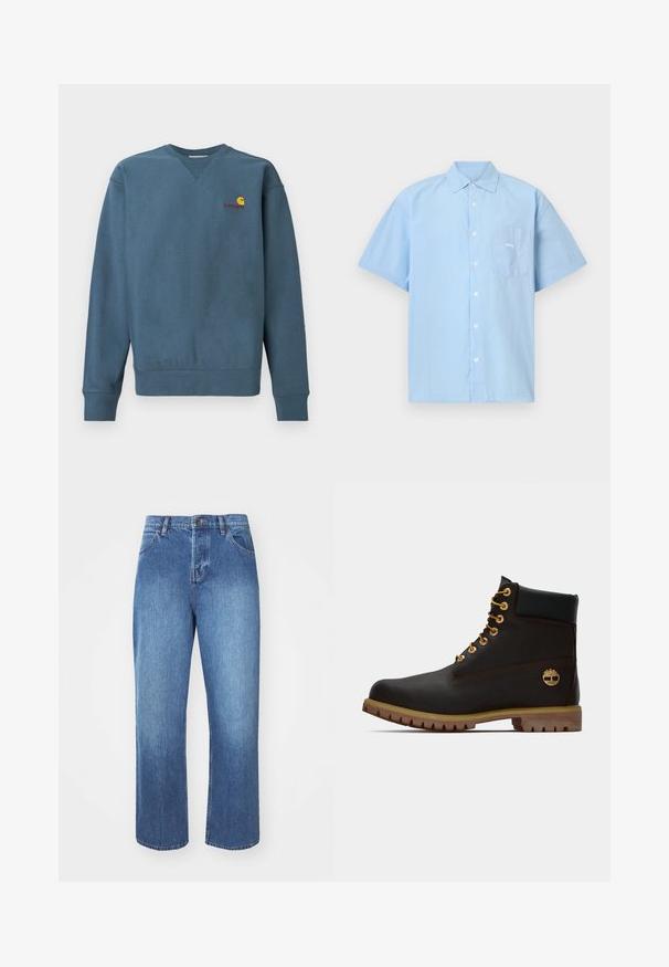 Blauwe katoenen trui met geribbelde manchetten en zoom, met een klein oranje Carhartt-logo geborduurd op de borst. Eenvoudig ontwerp, ronde hals.; Lichtblauw, kort mouw overhemd van katoen met knopen. Heeft een borstzak met het woord "obey" erin geborduurd in het wit.; Denim jeans in medium blue, met een rechte pijp, traditionele vijf-pocketstijl en een klassieke knoop- en ritssluiting.; Zwarte leren enkellaars met gouden oogjes, bruine accenten en een rubberen zool. Heeft een gevoerde kraag en geperst logo aan de zijkant.