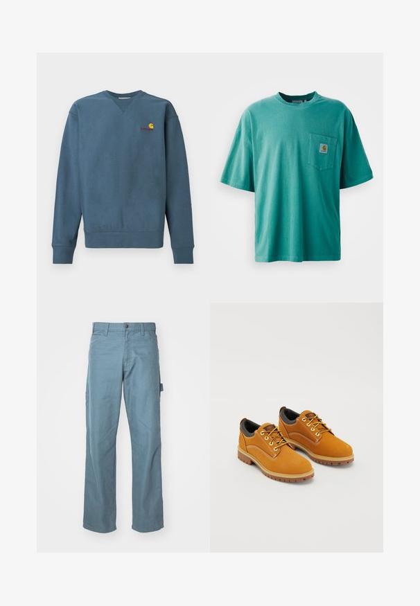 Sudadera azul de algodón con puños y dobladillo acanalados, con un pequeño logo naranja de Carhartt bordado en el pecho. Diseño sencillo, cuello redondo.; Camiseta de algodón verde con cuello redondo, mangas cortas y un bolsillo frontal con un parche de logo. Textura suave y ajuste relajado.; Pantalones cargo de algodón en azul claro con un diseño de pierna recta, dos bolsillos laterales y un lazo en la cintura para mayor utilidad.; Zapatos de ante marrón con punta redonda, cordones amarillos, un collar acolchado negro y suelas de goma con surcos de tracción.