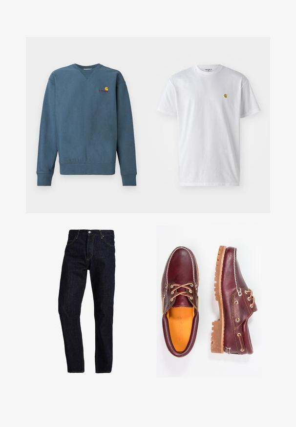 Modrá bavlnená mikina s rebrovanými manžetami a spodným lemom, s malým oranžovým logom Carhartt vyšívaným na hrudi. Jednoduchý dizajn, okrúhly výstrih.; Biele bavlnené tričko s krátkymi rukávmi, okrúhlym výstrihom, s malým zlatým logom na ľavej strane hrude. Mäkká textúra a normálny strih.; Tmavomodré denimové nohavice so sivým strihom, s žltým prešívaním, piatimi vreckami a klasickým zapínaním na gombík a zips.; Bordové kožené topánky s hnedými gumovými podrážkami, okrúhlou špičkou, bielym prešívaním a zlatými kovaniami. Interiér má žlté podšívku.