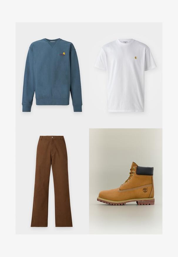 Blaues Sweatshirt aus Baumwolle mit gerippten Bündchen und Saum, mit einem kleinen orangefarbenen Carhartt-Logo auf der Brust bestickt. Einfaches Design, Rundhalsausschnitt.; Weißes Baumwoll-T-Shirt mit kurzen Ärmeln, Rundhalsausschnitt, mit einem kleinen goldenen Logo im linken Brustbereich. Weicher Stoff und normale Passform.; Braune Baumwollhosen mit gerader Beinform, Knopfverschluss und zwei Vorderaschen. Glatte Textur ohne sichtbare Muster oder Verzierungen.; Brauner Leder-Stiefelette mit schwarzem Kragen, gelben Schnürsenkeln und hellbrauner Sohle. Verfügt über ein Logo und weiße Ziernähe. Robuste Profilsohle.
