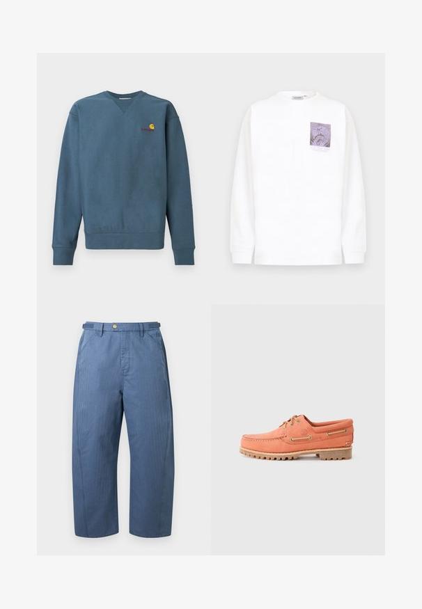 Blå bomuldssweatshirt med ribstrikkede manchetter og kant, med en lille orange Carhartt-logo broderet på brystet. Simpelt design, rund hals.; Hvid langærmet T-shirt med rund hals og et lille lilla grafik og tekst på venstre brystområde.; Blå bukser med vide ben, forlommer, bæltestropper og knaplukning i taljen, vist på en ensfarvet baggrund.; Orange læder bådsko med en mokkastil design, rund tå, brune snørebånd og gummisål med grebsgroove.