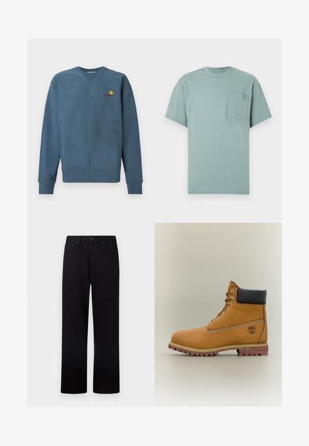Blue cotton sweatshirt with ribbed cuffs and hem, featuring a small orange Carhartt logo embroidered on the chest. Simple design, crew neck.; Light green short-sleeve crewneck t-shirt with a chest pocket featuring a small orange and blue logo tag.; Black straight-leg jeans with button and zip closure, belt loops, and front and back pockets, displayed on a white background.; Brown leather ankle boot with black collar, yellow laces, and tan sole. Features logo and white stitching detail. Rugged traction outsole.