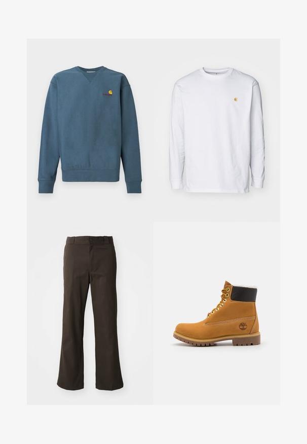 Sweatshirt en coton bleu avec poignets et ourlet côtelés, arborant un petit logo Carhartt orange brodé sur la poitrine. Design simple, col rond.; T-shirt à manches longues blanc en coton. Présente un petit logo doré sur la poitrine et un col rond. Design simple et coupe standard.; Pantalons marron évasés avec une texture lisse, dotés d'une fermeture à bouton à l'avant et de poches sur les côtés. Design simple et droit.; Bottine en cuir brun avec œillets en métal, doublure en fourrure blanche, col rembourré noir, semelle robuste et logo en relief sur le côté.