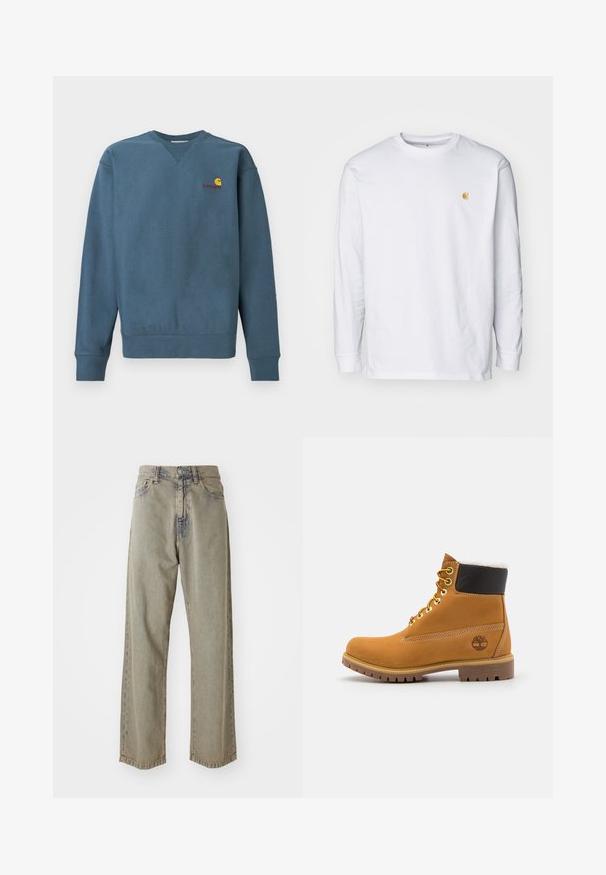 Blå bomuldssweatshirt med ribstrikkede manchetter og kant, med en lille orange Carhartt-logo broderet på brystet. Simpelt design, rund hals.; Hvid langærmet t-shirt lavet af bomuld. Har et lille gyldent logo på brystet og en rund halsudskæring. Enkel design og standard pasform.; Lys grå brede jeans i denim, med en falmet tekstur, synlige syninger og traditionel knap- og lynlåslukning.; Brune læder ankelstøvle med metaløjer, hvid pelsforing, sort polstret krave, robust sål og præget logo på siden.