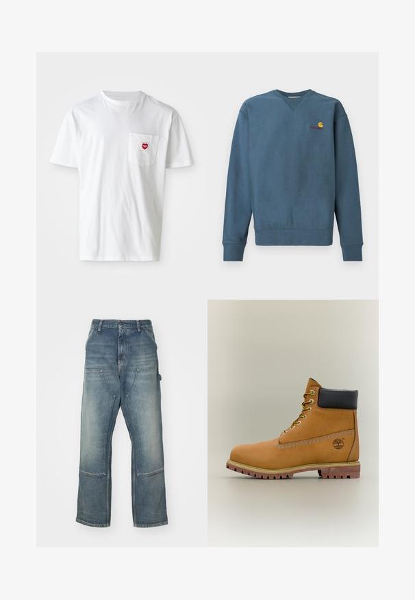 Blauwe katoenen trui met geribbelde manchetten en zoom, met een klein oranje Carhartt-logo geborduurd op de borst. Eenvoudig ontwerp, ronde hals.; Witte katoenen T-shirt met een ronde hals en korte mouwen. Bevat een klein rood hartlogo op de linkerkant van de borstzak.; Lichtblauwe jeans met een relaxte pasvorm, gemaakt van denim. Heeft wijde broekspijpen, grote voorkruiszakken en contrasterende stikdetails.; Bruine leren enkellaars met zwarte kraag, gele veters en een zandkleurige zool. Voorzien van een logo en witte stikseldetails. Robuuste loopzool met grip.