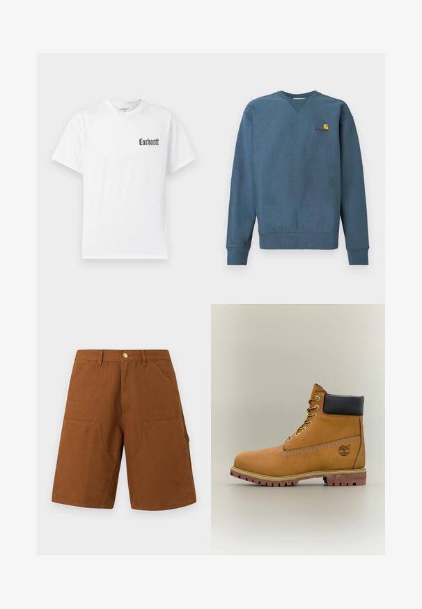 Sweatshirt en coton bleu avec poignets et ourlet côtelés, arborant un petit logo Carhartt orange brodé sur la poitrine. Design simple, col rond.; T-shirt en coton blanc à manches courtes, arborant un logo "Carhartt" noir sur la zone gauche de la poitrine dans une police stylisée.; Shorts marron longueur genou avec poches avant, passants pour ceinture, et fermeture par bouton en laiton, présentés sur un fond blanc.; Bottine en cuir marron avec col noir, lacets jaunes et semelle beige. Présente un logo et des détails de couture blanche. Semelle extérieure à traction robuste.