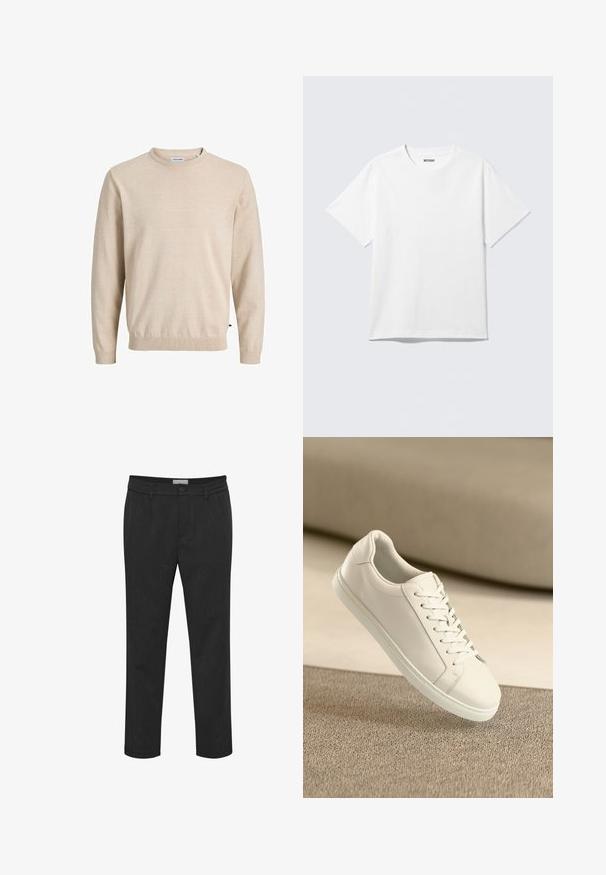 Pull beige en maille avec un col rond, des manches longues, des poignets et un ourlet côtelés, présentant une texture subtile et une étiquette logo sur le côté.; T-shirt blanc à manches courtes et col rond, étalé à plat, design uni, avec l'étiquette "WEEKDAY" à l'intérieur du col sur un fond clair.; Pantalon noir en tissu lisse, avec fermeture à bouton et passants de ceinture. Conception à jambe droite avec une texture subtile.; Baskets en cuir blanc avec des lacets blancs, exposées sur une surface beige texturée et avec un arrière-plan flou doux.