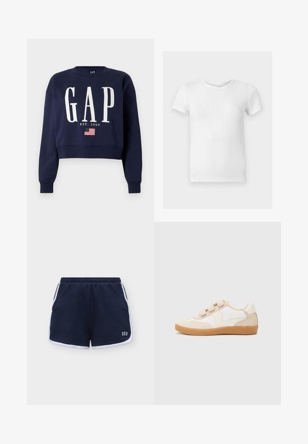 Sweat-shirt court bleu marine avec les lettres blanches "GAP", le texte "EST. 1969" et un petit drapeau américain avec 13 étoiles en dessous du texte.; T-shirt blanc à manches courtes en maille côtelée avec un col rond et de subtils motifs verticaux texturés.; Shorts décontractés bleu marine avec bordure blanche, taille élastique, poches latérales et logo blanc "GAP" en bas à l'avant à droite.; Baskets en cuir blanc et beige avec des accents en daim, dotées d'un bout rond, de trois bandoulières Velcro et d'une semelle en caoutchouc couleur gomme.