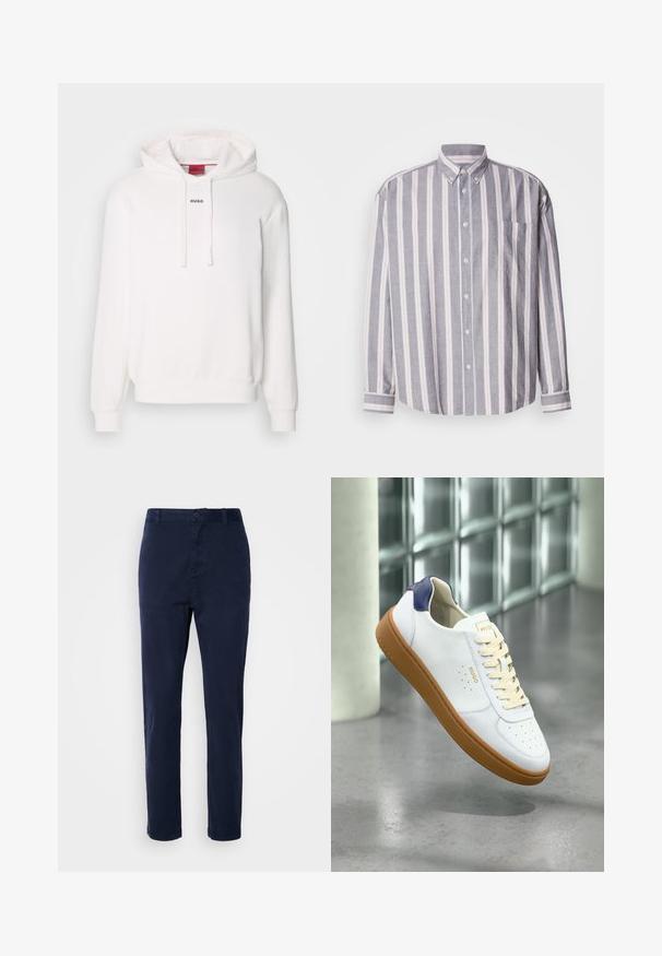 Witte hoodie met lange mouwen, trekkoordkap, voorste kangaroezak en subtiele "HUGO" logo op de borst. Zachte stof textuur.; Gestreept overhemd in grijs met lichte strepen. Beschikt over een kraag, een borstzak en lange mouwen met knopenmanchetten.; Marineblauwe chinos gemaakt van lichtgewicht stof, met een recht toe-gevoegde ontwerp, drukknopsluiting en zijzakken. Glad van textuur zonder patronen.; Witte Hugo-sneaker met beige veters, bruine zool en een marineblauw hieldetail, zwevend boven een gepolijste betonnen vloer bij glasblokken.