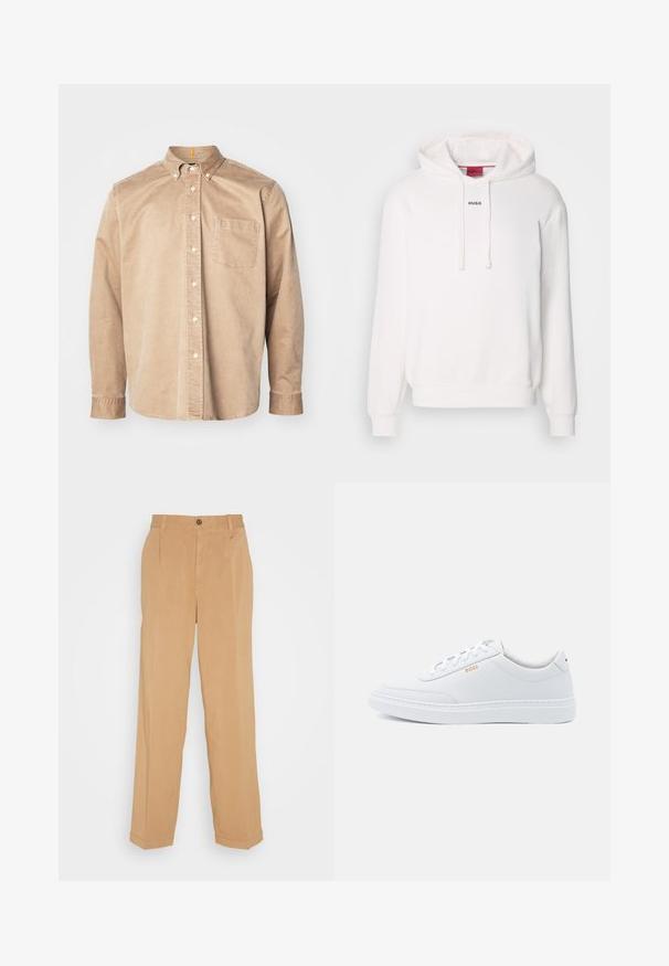 Valkoinen huppari, jossa pitkät hihat, naru-hoodie, etuosan kengurulaukku ja hienovarainen "HUGO" -logo rinnassa. Pehmeä kangas.; Beige napapaita, jolla on kaulus, pitkät hihat ja yksi rintatasku. Valmistettu pehmeästä kankaasta, jossa on sileä pinta ja hienovaraiset ompeleet.; Hiekanväriset leveälahkeiset housut, jotka on valmistettu pehmeästä kankaasta. Niissä on kaksi etutaskua, napitus ja poimutukset lahkeiden sivuilla.; Valkoiset nahkakengät, joissa on sileä pinta, pyöreä kärki ja tonalisointi. Varustettu sinisillä nauhoilla ja kultaisella logolla sivussa.