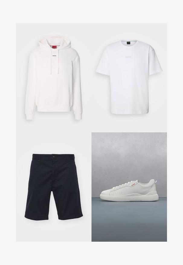 Haut à capuche blanc avec manches longues, capuche avec cordon, poche kangourou à l'avant, et un subtil logo "HUGO" sur la poitrine. Texture de tissu douce.; T-shirt en coton blanc à manches courtes, col rond, avec un logo « BOSS » en relief sur la poitrine. Texture lisse, coupe standard.; Shorts en coton bleu marine avec une fermeture à bouton, coupe droite et poches avant. Présente une texture lisse et un design simple.; Sneaker blanche avec une finition en cuir lisse, bout rond, quatre œillets, perforations subtiles et un détail de logo rouge sur le côté.