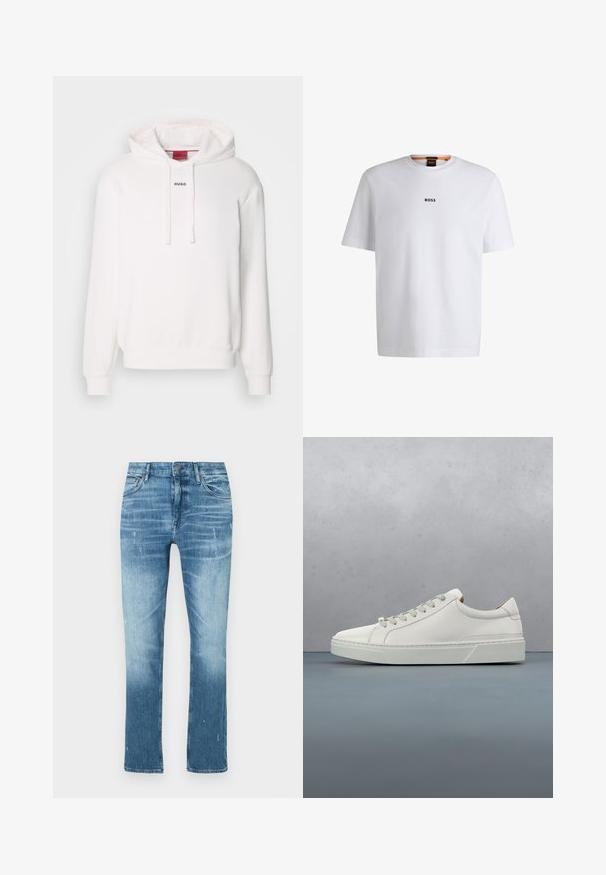 Valkoinen huppari, jossa pitkät hihat, naru-hoodie, etuosan kengurulaukku ja hienovarainen "HUGO" -logo rinnassa. Pehmeä kangas.; Valkoinen puuvillapaita lyhyillä hihoilla, jossa on musta "BOSS"-logo keskellä rintaa ja pyöreä pääntie.; Vaaleansiniset suorat farkut, jotka on valmistettu denimistä ja joissa on haalistunut pinta, hienovaraisia kulumia ja perinteinen viisi-taskumalli.; Valkoinen nahkakenkä, jossa on pyöreä varvas, minimalistinen muotoilu, harmaat nauhat ja karkea harmaa kumipohja. Huomaamattomat ompeluyksityiskohdat näkyvissä.