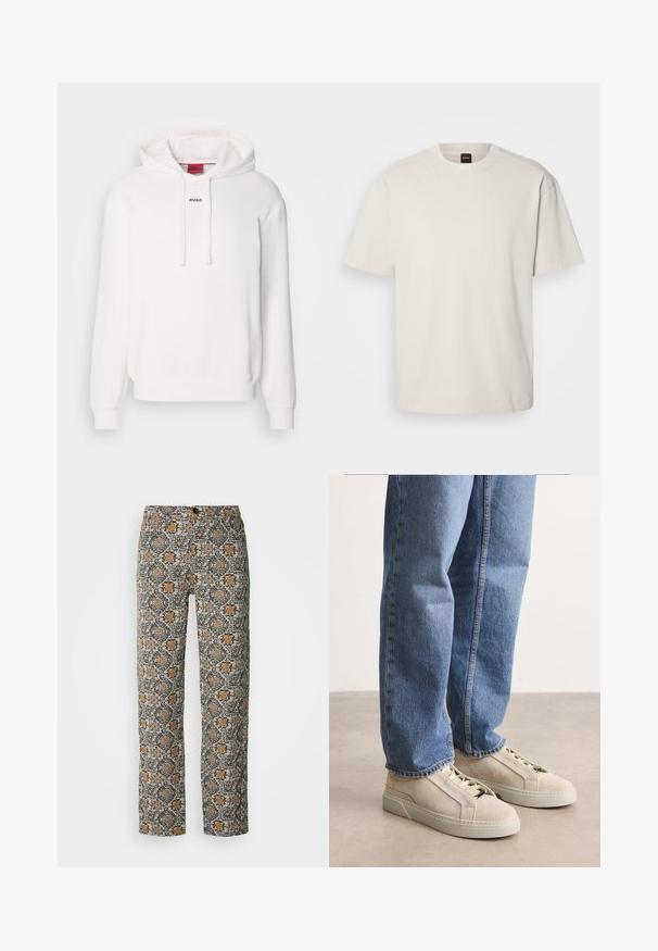 Witte hoodie met lange mouwen, trekkoordkap, voorste kangaroezak en subtiele "HUGO" logo op de borst. Zachte stof textuur.; Korte mouwen, ronde hals t-shirt in off-wit katoen, met een rechte snit en minimale merkvermelding op de hals. Zachte textuur, geen patronen.; Bloemmotief broeken in beige, zwart en oranje. Gemaakt van lichtgewicht stof, met een rechte snit en een knoopsluiting.; BOSS GARYTENN_SDHDEL - Sneakers laag - natural ten
