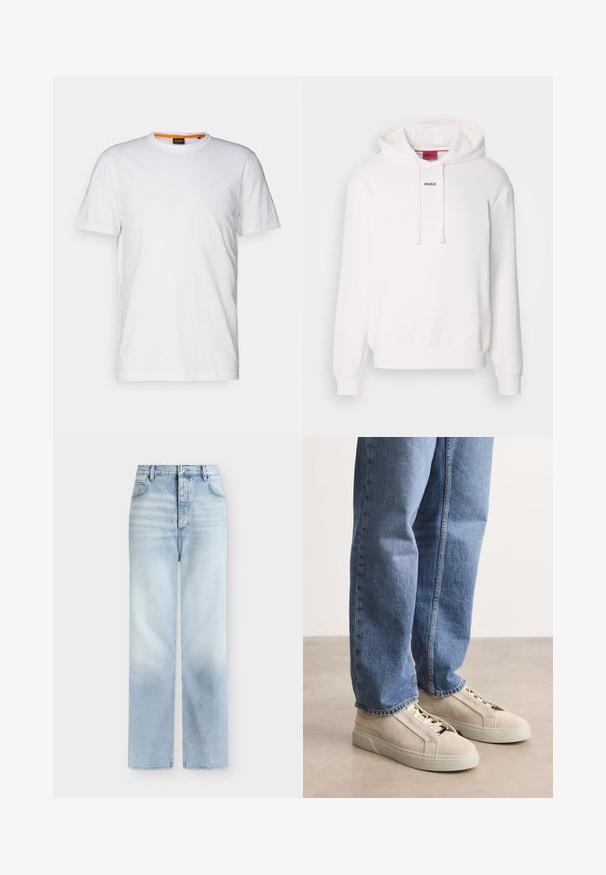 Weißer Kapuzenpullover mit langen Ärmeln, Kordelzugkapuze, vordertasche im Känguru-Stil und dezentem "HUGO"-Logo auf der Brust. Weicher Stoff.; Weißes Baumwoll-T-Shirt mit Rundhalsausschnitt, kurzen Ärmeln und einem dezenten geprägten Logo auf der Brust. Das Innenschild hat einen orangefarbenen Akzent.; Hellblaue, hoch taillierte Jeans mit geradem Bein, Fronttaschen, Gürtelschlaufen und einem Knopfverschluss.; BOSS GARYTENN_SDHDEL - Sneaker low - natural ten