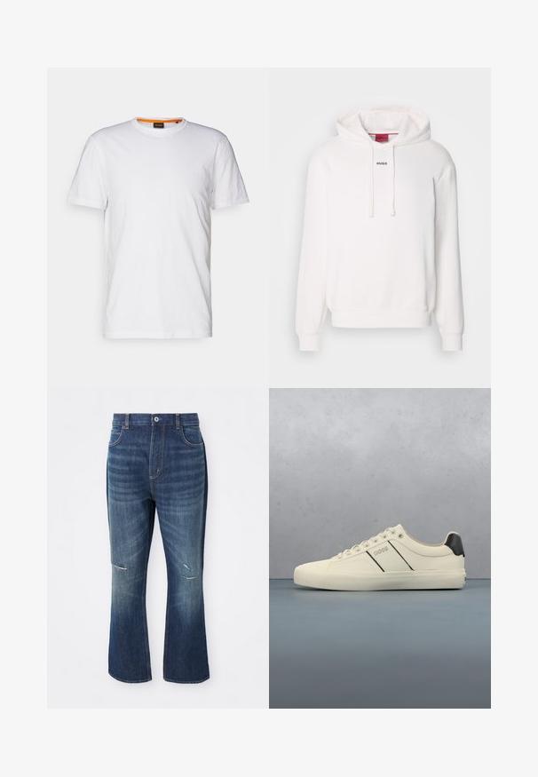 Witte hoodie met lange mouwen, trekkoordkap, voorste kangaroezak en subtiele "HUGO" logo op de borst. Zachte stof textuur.; Witte katoenen T-shirt met ronde hals, korte mouwen en een subtiel reliëflogo op de borst. Het binnenlabel heeft een oranje accent.; Blauwe denim flare jeans met lichte slijtage op beide knieën en een knoopsluiting bij de taille, gepresenteerd tegen een witte achtergrond.; Crème-kleurige sneakers met een gladde textuur, voorzien van zwarte accenten en branding. Tijdloos vetersysteem met een ronde neus en rubberen zool.