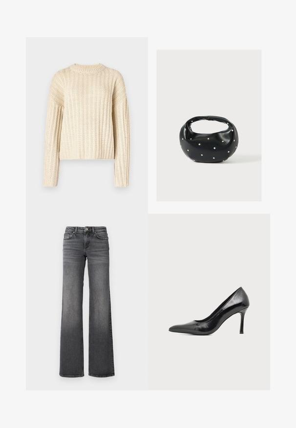 Knitcreme Pullover mit gerippter Textur, rundem Ausschnitt und langen Ärmeln in entspannter Passform, ideal zum Layering in kühlerem Wetter.; Gerade geschnittene, dunkelgraue Jeans aus Denim mit leichter Verblassung an den Oberschenkeln und klassischem Fünf-Taschen-Design vor weißem Hintergrund.; Schwarzer Damenspitzschuh aus Lackleder mit spitzer Zehenpartie und schlankem Absatz auf hellem, schlichter Hintergrund.; Schwarze Lederhandtasche mit abgerundeter Form, verziert mit silbernen Nietenakzenten und kurzem Griff. Glatte Struktur und Reißverschlussverschluss.