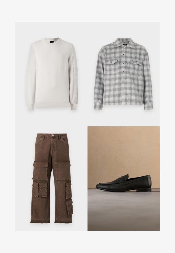 Lys grå strikket sweater med rund hals og lange ærmer. Har forhøjet logo tekst langs venstre ærme. Blød tekstur, ribbede manchetter.; Grå og hvid ternet flannel skjorte med en blød tekstur, der har knaplukning foran, to brystlommer og lange ærmer.; Brune cargo bukser med løs pasform, flere sidelommer og frayed kantdesign. Lavet af robust, struktureret stof for holdbarhed.; Sort læderloafer svæver over beige tæppe med beige sofa i et minimalistisk indendørsmiljø.