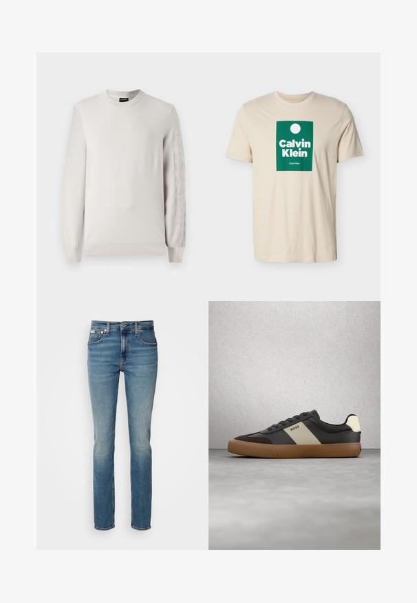 Helles grau gestrickter Pullover mit Rundhalsausschnitt und langen Ärmeln. Verfügt über erhabenen Logo-Text entlang des linken Ärmels. Weicher Stoff, gerippte Bündchen.; Beige kurzärmliges T-Shirt mit grünem rechteckigem Logo, das einen weißen Kreis und den Schriftzug "Calvin Klein" in fetten weißen Buchstaben zeigt.; Hellblaue Jeans aus Denim im Slim-Fit, mit fünf Taschen, einem vorderen Knopfverschluss und minimaler Verblassung für ein sauberes Erscheinungsbild.; Schwarzer und brauner Sneaker mit beigem Streifen und "BOSS"-Logo, schwebt über grauem Betonboden vor Glasbausteinwand.