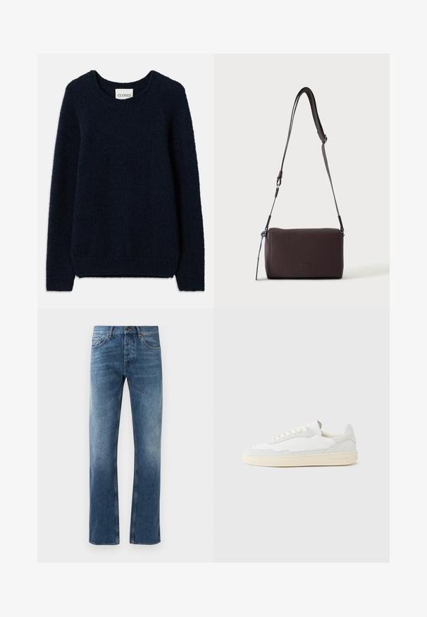 Marineblå strikket sweater med rund halsudskæring, lange ærmer og ribbede manchetter og kant. Blød tekstur og enkelt design, ingen mønstre eller accenter.; Blå denim jeans med lige ben design, falmede vask, fem lommer og kontrastsyning. Knap- og lynlås-lukning i taljen.; Hvid sneakers med en øvre del i tekstureret ruskind og læder. Har rundet tå, snørelukning og kontrasterende beige gummisål.; Mørkebrun textured læder crossbody taske med justerbar rem og lille dekorativ blå accent på siden.