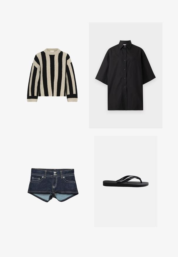 Pull à manches longues beige et noir avec de larges rayures verticales et horizontales et un col rond, présenté sur un fond blanc.; Chemise noire oversize à manches courtes avec col pointu, boutons sur le devant et coupe ample, présentée sur fond blanc.; Shorts en jean bleu foncé avec une doublure intérieure bleu clair, présentant des poches avant, deux boutons et une couture contrastée au niveau de la taille.; Tongs en caoutchouc noir avec semelle texturée et bride en forme de Y, arborant un logo de marque discrètement embossé sur le côté.