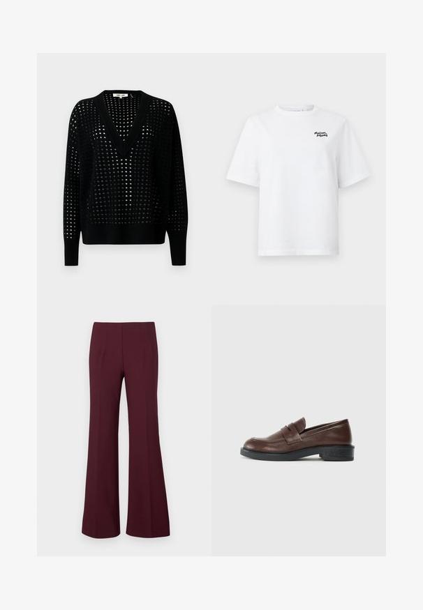 Sort strikket sweater med V-hals og løs pasform. Har et tekstureret mønster af huller over det hele samt lange ærmer med ribbede manchetter.; Hvid bomulds t-shirt med rund halsudskæring og korte ærmer, prydet med et lille sort broderet logo på øverste venstre bryst.; Højtaljede, bordeaux farvede flared bukser med frontdarts og skræddersyet pasform, præsenteret på en hvid baggrund.; Brune læder loafers med rund tå, og en dekorativ rem over toppen, samt en lav, struktureret sort gummihæl.