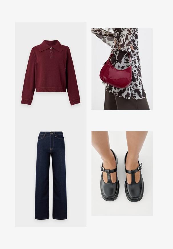 Bordeaux pullover med krave, tre knapstolper og ribbet kant ved nederdel og manchetter. Blød tekstur med en afslappet pasform.; Mørkeblå bredbenede jeans lavet af denim, med høj talje, fire lommer og kontrastfarvet syninger langs sømmene.; Sorte lædersko med T-rem-design, lukket tå og sølvfarvede spændeaccenter. Glat tekstur med rundet tå og flad sål.; Kvinde iført en sort- og hvidmønstret bluse, der holder en blank rød skuldertaske mod en ensfarvet baggrund.