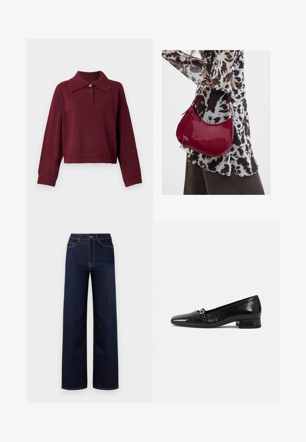 Pull beige avec col, patte de boutonnage à trois boutons et bords côtes. Texture douce avec une coupe décontractée.; Jeans en denim bleu foncé à jambes larges, avec une taille haute, quatre poches et des coutures contrastantes le long des coutures.; Ballet flats en cuir verni noir avec un bout pointu, un petit talon carré et un détail de boucle métallique sur la sangle. Texture lisse.; Femme portant un chemisier à motif noir et blanc tenant un sac à main rouge brillant sur un fond uni.