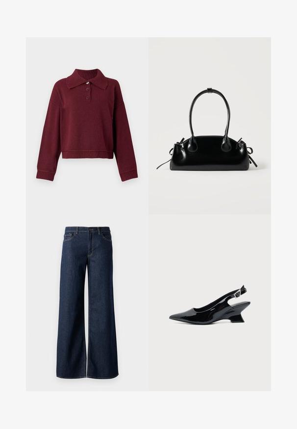 Bordeaux pullover med krave, tre knapstolper og ribbet kant ved nederdel og manchetter. Blød tekstur med en afslappet pasform.; Bredde ben jeans i mørkeblå denim. Har kontrastsyninger, fem lommer og en knaplukning i taljen. Glat tekstur.; Sort laklæder slingback sko med spids tå og lav vinklet blokhæl på ensartet lys baggrund.; Lille sort blank håndtaske med to lange håndtag og snøre-detaljer i siden på en ensfarvet lys baggrund.