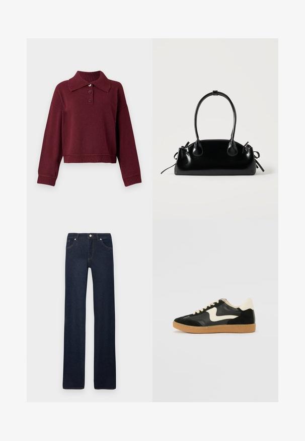 Pull beige avec col, patte de boutonnage à trois boutons et bords côtes. Texture douce avec une coupe décontractée.; Jean droit bleu marine avec poches avant, passants pour ceinture, bouton en métal et détails de couture sur un fond blanc uni.; Baskets en daim et cuir noir avec un swoosh latéral crème et un talon crème clair. Dotées de lacets beige et d'une semelle en caoutchouc gomme.; Petit sac à main noir brillant avec deux longues anses et des détails à cordon sur les côtés sur un fond clair uni.