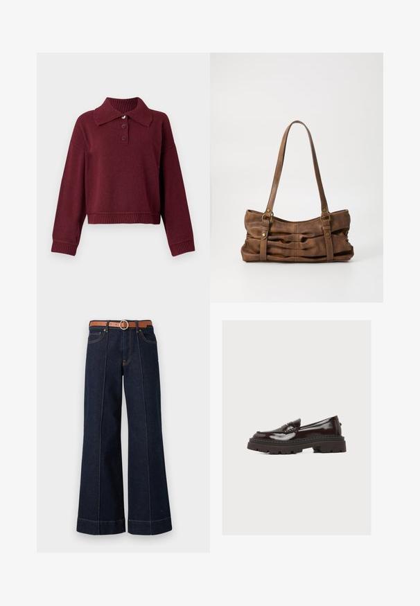 Bordeaux pullover med krave, tre knapstolper og ribbet kant ved nederdel og manchetter. Blød tekstur med en afslappet pasform.; Mørkeblå denim wide-leg jeans med høj talje, brun bælte og synlige syningsdetaljer. Har forlommer og en afslappet pasform.; Mørkebrun blank læderloafer med tyk sål og lav hæl, sidevisning på hvid baggrund.; Even&Odd Håndtasker - brown