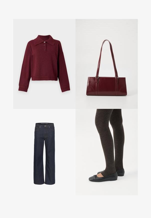 Bordeaux pullover med krave, tre knapstolper og ribbet kant ved nederdel og manchetter. Blød tekstur med en afslappet pasform.; Mørk denim brede bukser med høj talje, som har fem lommer, kontrastsyning og en rå kant nederst.; Ben iført mørke ribbede leggings kombineret med sorte balletsko med små sløjfedetaljer på hvid baggrund.; Bordeaux håndtaske lavet af glansfuldt materiale, rektangulær form, med to skulderremme og subtile buede detaljer på forsiden.
