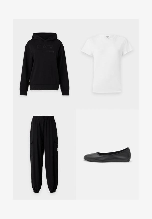 Sudadera negra con capucha y mangas largas, con un sutil logo "EA7 Emporio Armani" en el pecho.; Camiseta blanca de algodón con cuello redondo y mangas cortas, que presenta un corte relajado y un diseño minimalista. Etiqueta visible en el cuello.; Pantalones jogger negros hechos de tejido ligero, con cintura elástica, bolsillos laterales y puños elásticos en los tobillos.; Bailarina de piel negra con punta redondeada, textura suave, detalle de costura minimalista y diseño de suela flexible.