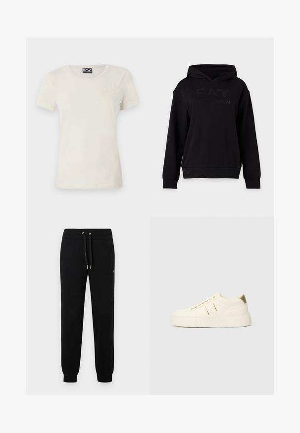 Zwarte hoodie met lange mouwen, met een subtiel "EA7 Emporio Armani"-logo op de borst.; Lichtbeige t-shirt met korte mouwen, gemaakt van zachte stof, met een ronde halslijn en een subtiel patroon aan de voorkant, nabij de bovenkant links.; Zwarte joggingsbroeken met elastische tailleband en koord, ribgebreide manchetten en subtiele logo-detail aan de zijkant van het been.; Crème kleurige low-top sneaker met gouden accenten, veters en geperst "Armani Exchange" logo op de zool en zijpatch.