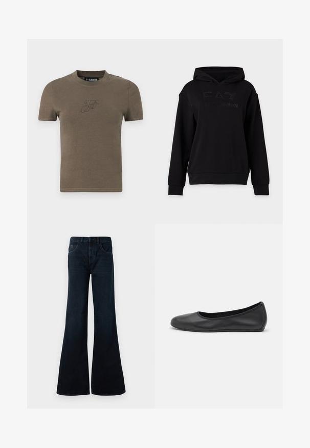 Sweat à capuche noir à manches longues, avec un logo discret "EA7 Emporio Armani" sur la poitrine.; T-shirt marron uni à manches courtes avec encolure ronde et initiales brodées discrètes « H K » sur la poitrine.; Jean en denim bleu foncé évasés. Présente une taille haute, deux poches avant et une finition épurée sans matériel visible.; Ballerines en cuir noir avec un bout rond, texture lisse, détails de couture minimalistes et design de semelle flexible.