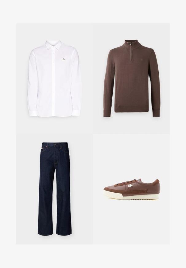 Jersey marrón de punto con cuello alto y media cremallera. Presenta puños y dobladillo acanalados, con un pequeño detalle de logo en el pecho.; Camisa blanca de manga larga hecha de algodón, que presenta un collar tipo button-down, un logo bordado verde en el lado izquierdo del pecho y puños rectos.; Vaqueros de mezclilla azul oscuro de pierna recta con diseño de cinco bolsillos y cierre de botones, exhibidos sobre un fondo claro y liso.; Zapatilla de corte bajo marrón con suela blanca, detalles en ante, cordones marrón oscuro y un logo de cocodrilo blanco en el lateral.