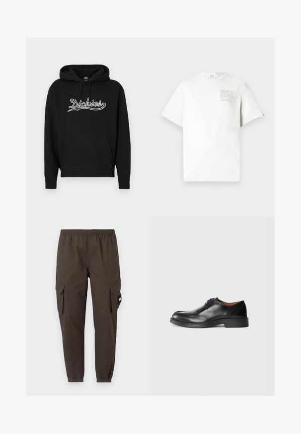 Sweat-shirt à capuche noir avec une poche kangourou à l'avant, des poignets côtelés et le logo "Dickies" brodé en blanc sur la poitrine.; T-shirt en coton blanc à manches courtes, avec un logo imprimé en gris sur la poitrine gauche. Col rond, coupe décontractée et accents minimaux.; Pantalons cargo en tissu marron foncé, avec une taille élastique, des jambes fuselées et deux poches latérales avec rabats.; Chaussure de ville en cuir noir avec un bout arrondi, surface lisse, détails en dentelle et une semelle en caoutchouc texturée basse. Lignes épurées et design minimal.
