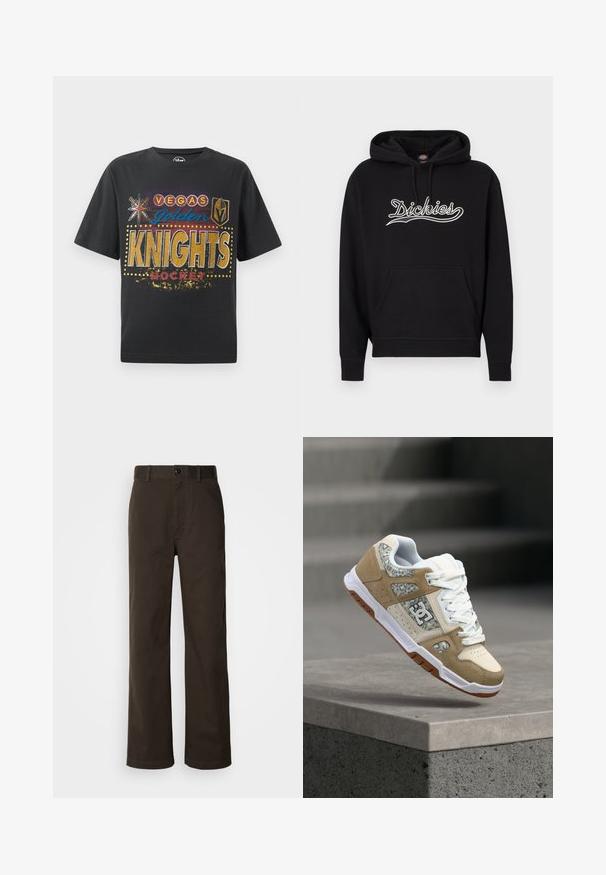 Zwarte capuchontrui met een voorvak in kangaroestijl, geribbelde manchetten en een wit geborduurd "Dickies"-logo over de borst.; Zwarte katoenen T-shirt met "Vegas Golden Knights Hockey" print in gouden, blauwe en rode kleuren, met sterren- en schildiconen en gestippelde accenten.; Bruine katoenen broeken met een recht gesneden ontwerp, voorzien van een knoopsluiting, riemlussen en minimale stikdetails.; Beige en witte sneaker met luipaardprintpanelen en witte veters zwevend boven een betonnen richel tegen een wazige achtergrond van trappen.