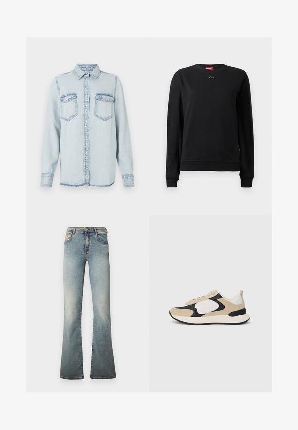 Sort sweatshirt lavet af blødt stof med rund halsudskæring, lange ærmer og et lille rundt logo nær halsen.; Lysblå denimskjorte med spids krave, knaplukning og to brystlommer. Har en syet detalje og en let frynset kant.; Lyseblå udvidede jeans lavet af denim, med fem lommer, knaplukning og subtil falmning på benene.; Beige og sort sneakers lavet af ruskind og mesh-materialer, med afrundet tå, let sål og fremtrædende logo detaljer på siden.