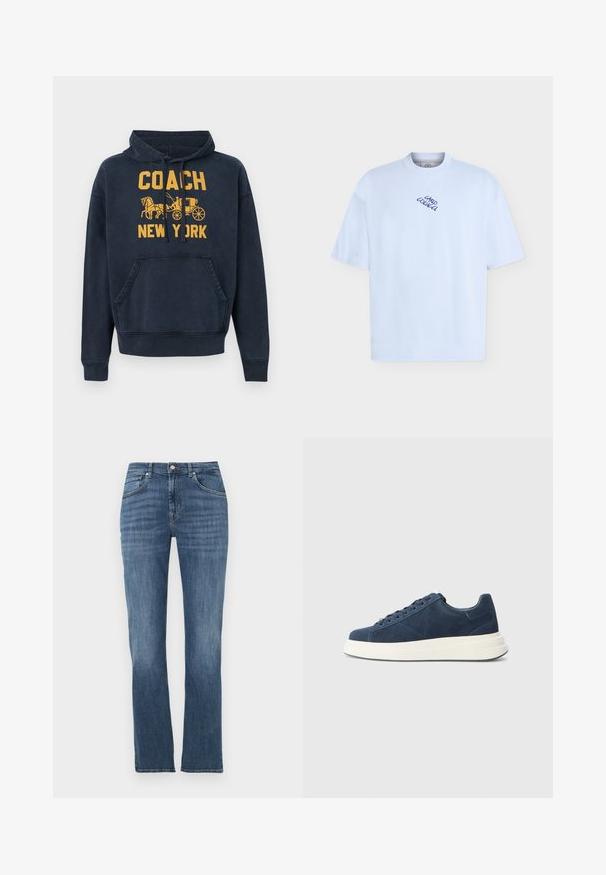 Navyblauwe hoodie met voorzak, gele tekst "COACH NEW YORK" en afbeelding van een paard en wagen op de borst.; Lichtblauw T-shirt met korte mouwen, ronde hals en klein marineblauw schriftlogo, gecentreerd bij de kraag en voorzien van de tekst "Carlo Colucci".; Blauwe rechte spijkerbroek met voorzakken, knoopsluiting en licht vervaagde details op de dijen en knieën.; Marineblauwe suède sneakers met een witte rubberen zool, voorzien van zes veterogen, een gestructureerde voering en een minimalistisch ontwerp met subtiele stikdetails.