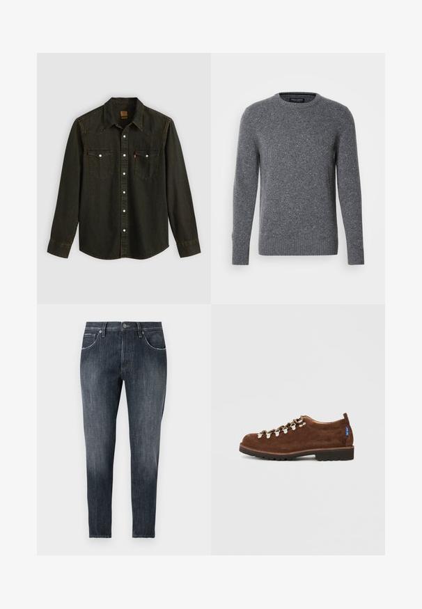 Grå strikket sweater, rund halsudskæring, ribbede manchetter og kant, tekstureret stof med subtile sprøjt, der fremhæver et klassisk, regulært fit design.; Langærmet sort denimskjorte med spids krave, to brystlommer, sølvknapper og gule syninger. Klassisk western-design.; Mørkegrå slim fit denimjeans med forreste knap, lynlås, fem lommer og subtile falmede detaljer på lår og knæ.; Brune ruskindssko med en lav profil, der har metaløjer og hvide snørrebånd, forstærket tå og en struktureret sort gummisål.