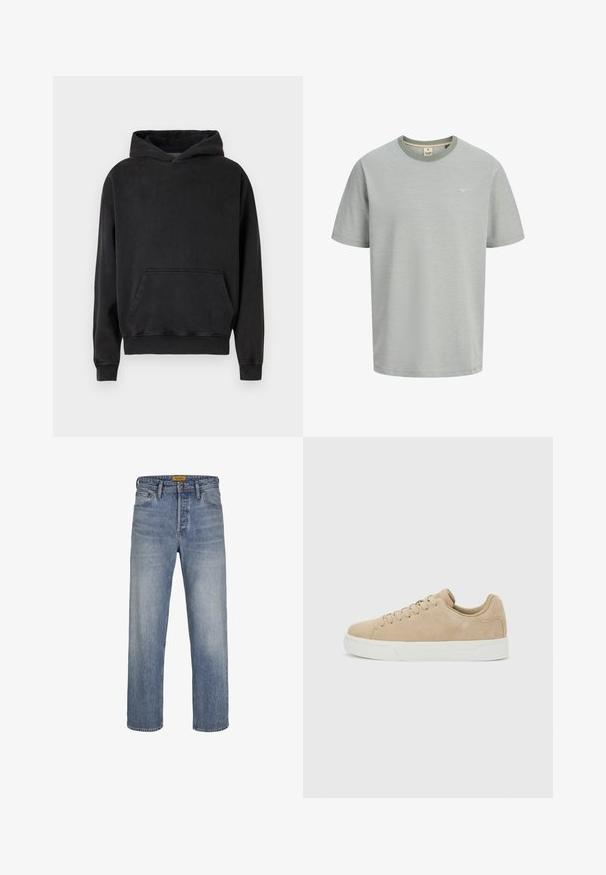 Zwarte pullover hoodie gemaakt van zachte stof. Heeft een grote voorkantzak, een capuchon met trekkoord en geribde manchetten en onderrand.; Lichtgrijs T-shirt met korte mouwen en ronde hals, met kleine logotekst op de linkerborst, getoond op een witte achtergrond.; Lichtblauwe rechte jeans gemaakt van denim, met een vervaagde wassing, vijf zakken, riemlussen en een rits met knoopsluiting.; Beige suède lage sneaker met vetersluiting en witte rubberen zool op een lichtgrijze achtergrond.