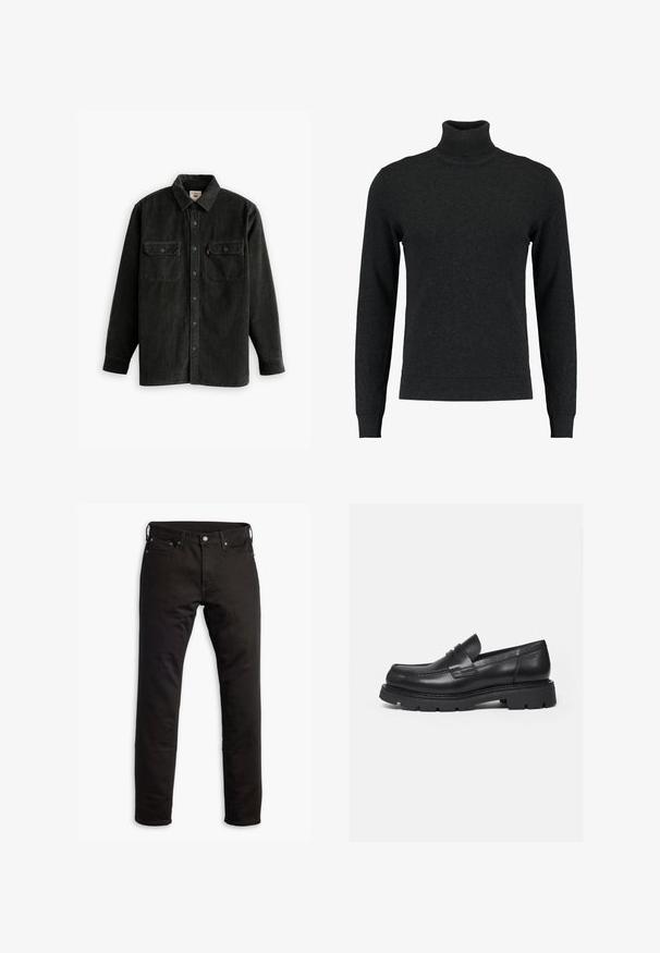 Schwarzer Rollkragenpullover aus Wolle. Verfügt über lange Ärmel, gerippte Bündchen und Saum, glatte Textur und eine taillierte Passform.; Schwarzes Cordhemd mit Knopfleiste, Kragen und zwei Brusttaschen. Verfügt über einen strukturierten Stoff und ein gerades Design.; Schwarze Denim-Jeans mit geradem Bein, Fronttaschen und Knopfverschluss. Der Stoff hat eine glatte Textur und minimale Details.; Schwarzer Lederloafer mit dicker, profilierter Sohle und Pennyriemen-Detail, von der rechten Seitenansicht auf weißem Hintergrund gezeigt.