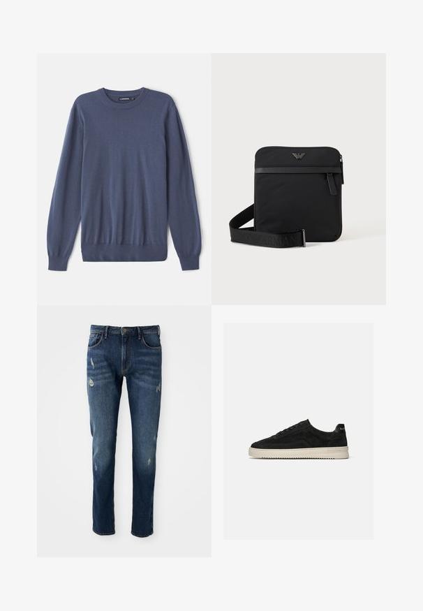 Blauwe herentrui van zacht materiaal, met een ronde hals, lange mouwen, geribde manchetten en een aansluitende zoom. Glad van structuur zonder patronen.; Donkerblauwe denim jeans met slim fit, lichte slijtage op de dijen en knieën, klassiek vijf-pocket ontwerp en knoopsluiting.; Zwarte suède lage sneaker met zwarte veters en witte rubberen zool, zijaanzicht op een effen lichtgrijze achtergrond.; Zwarte vierkante schoudertas met ritssluiting, voorvak en verstelbare band met geperste merknaam.