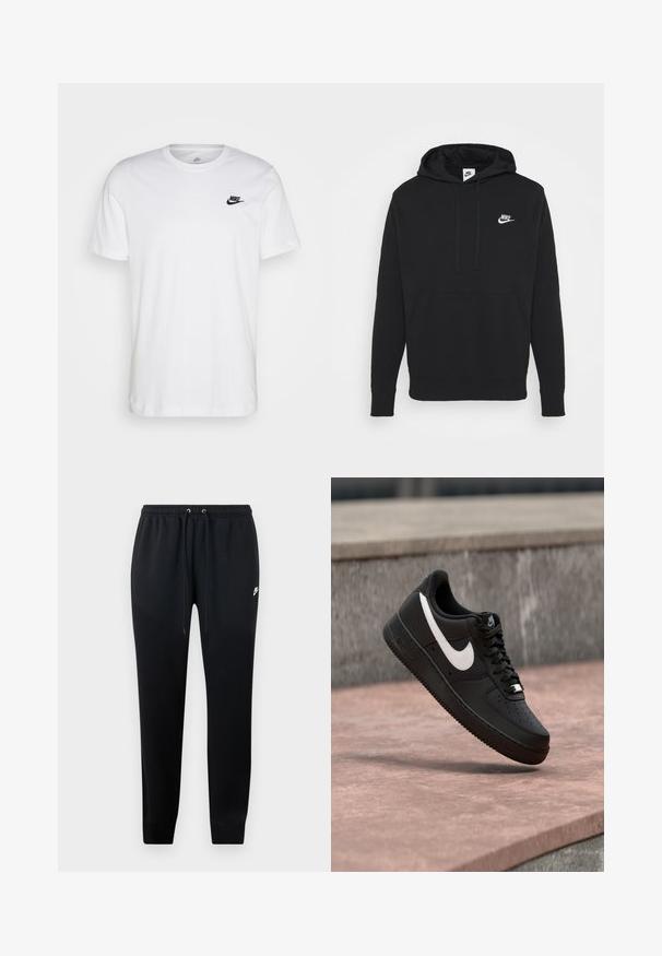 Sort Nike hoodie lavet af blanding af bomuld, med en frontlomme, snøring i hætten og hvidt logo på venstre bryst. Blød tekstur, afslappet design.; Hvid bomulds T-shirt med rund hals, korte ærmer og et sort Nike-logo på venstre bryst. Enkel, ensfarvet design.; Sorte sweatshirtbukser lavet af blødt stof, med elastisk talje og snoretræk, ribbede ankler og en lille logo-detalje på siden.; Sort Nike Air Force 1-sneaker med hvid swoosh-logo, svævende over en stenovertflade med en grå tekstureret væg i baggrunden.