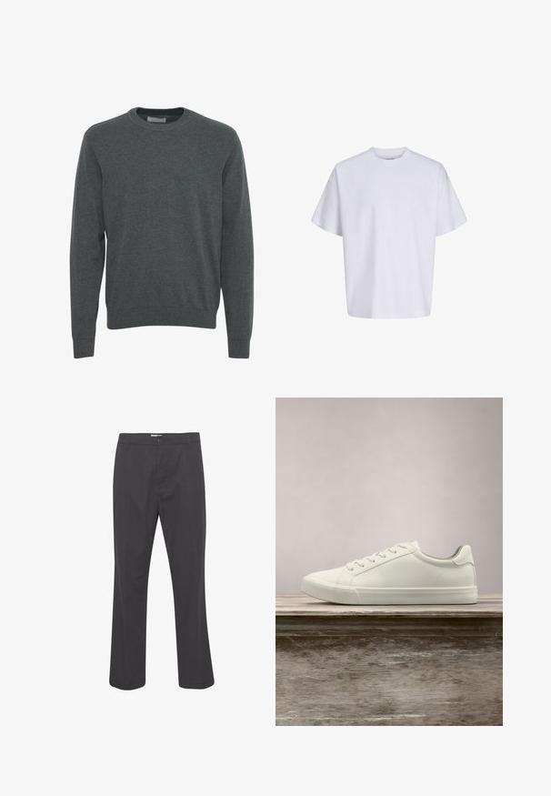 Mørkegrå crewneck sweater med lange ærmer, lavet af et blødt, strikket materiale. Har ribbestrikket halsudskæring, manchetter og kant. Ingen synlige mønstre.; Simpel hvid oversized t-shirt med korte ærmer, rund hals og løs pasform mod en hvid baggrund.; Sorte bukser med et lige ben design, lavet af vævet stof. Har en frontknaplukning og standard bæltesløjfer.; Hvide snørresneakers svævende over en træbænk med grønne planter i baggrunden, der fremhæver skodesign og tekstur.