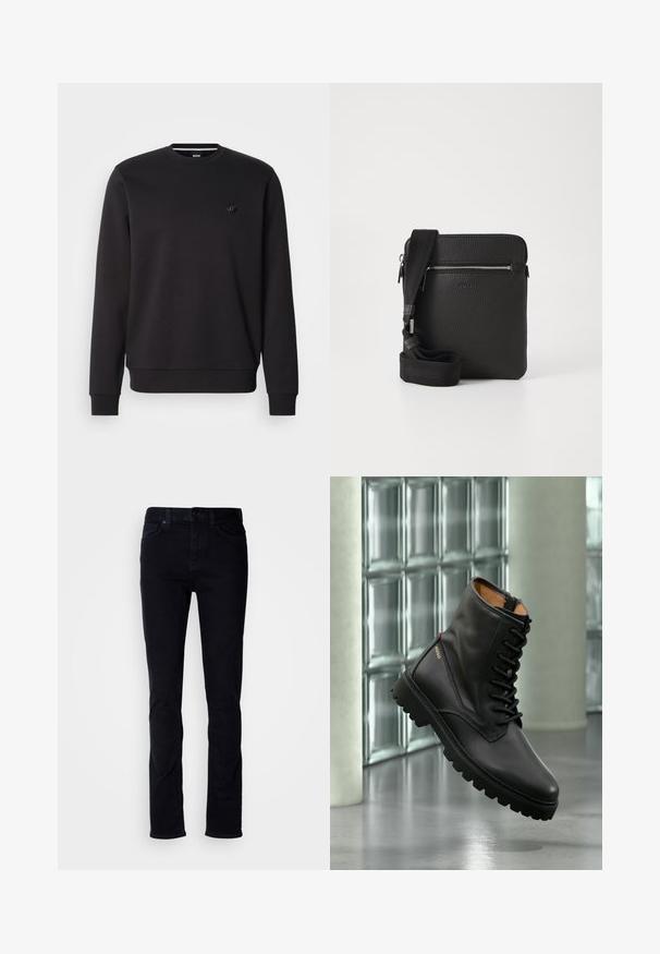 Schwarzer Pullover aus weichem Stoff mit Rundhalsausschnitt, langen Ärmeln und gerippten Bündchen. Verfügt über ein kleines Logo auf der Brust als Detail.; Schwarze Denim-Jeans mit Slim-Fit, Fünf-Taschen-Design, sichtbaren Nähten und Knopfleiste. Glatte Textur ohne zusätzliche Muster.; Schwarzer Leder-Schnürkampfstiefel mit dicker Sohle, goldenem "HUGO"-Logo an der Seite, präsentiert in modernem Innenraum mit Glasbausteinwand im Hintergrund.; Schwarze Leder-Umhängetasche mit strukturierten Oberflächen, einem Reißverschluss-Frontfach und einem verstellbaren Stoffgurt. Einfaches quadratisches Design.