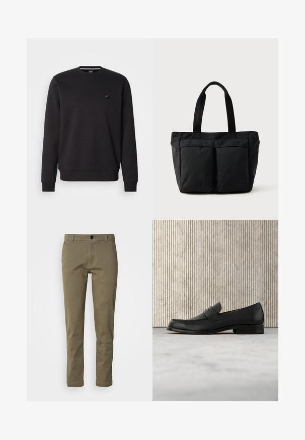 Sweat-shirt noir en tissu doux avec un col rond, des manches longues et des poignets côtelés. Il présente un petit logo sur la poitrine pour plus de détail.; Pantalons en coton vert olive avec une coupe droite, dotés d'une fermeture à bouton à l'avant et de deux poches sur les côtés. Texture lisse et minimalisme dans les détails.; Mocassin en cuir noir flottant au-dessus d'un tapis beige avec une table ronde brune brillante en arrière-plan.; Sac fourre-tout noir en tissu doux, avec deux poches avant et des anses robustes. Logo affiché sur le côté. Design simple et fonctionnel.